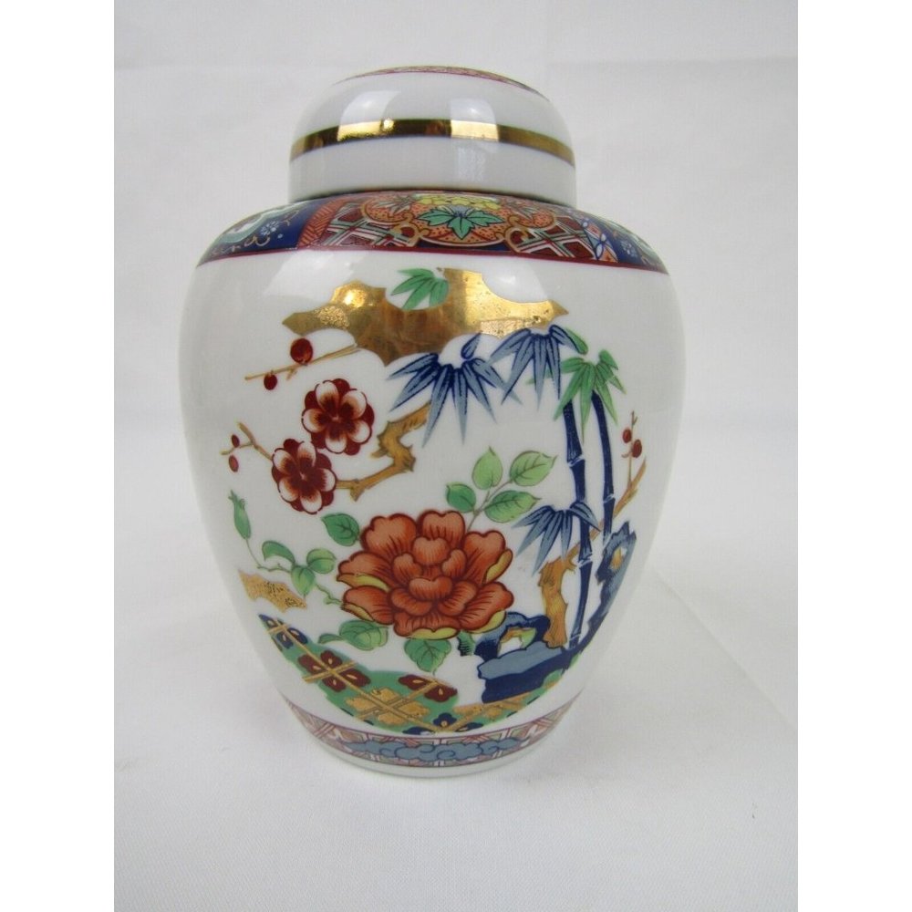 Vintage Imari Ware Japan Ginger Jar 6” Scenic Floral Lotus Asian Gold